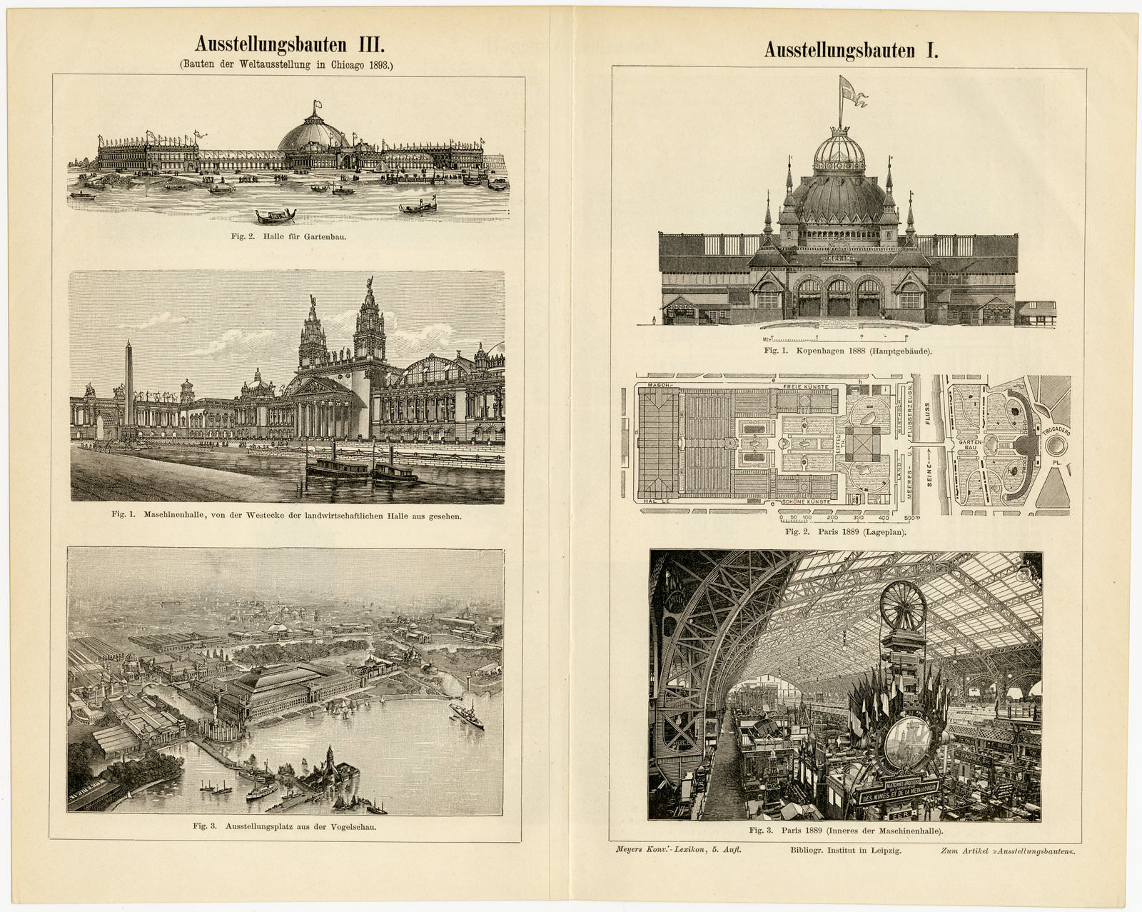 Ausstellungsbauten I - III ca 1893 historische Bildtafel Holzstich