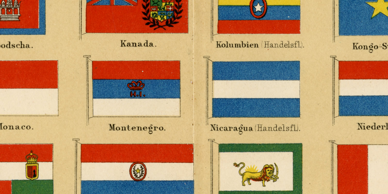 Flaggen I Internationale Flaggen ca 1893 historische Bildtafel Chromolithographie