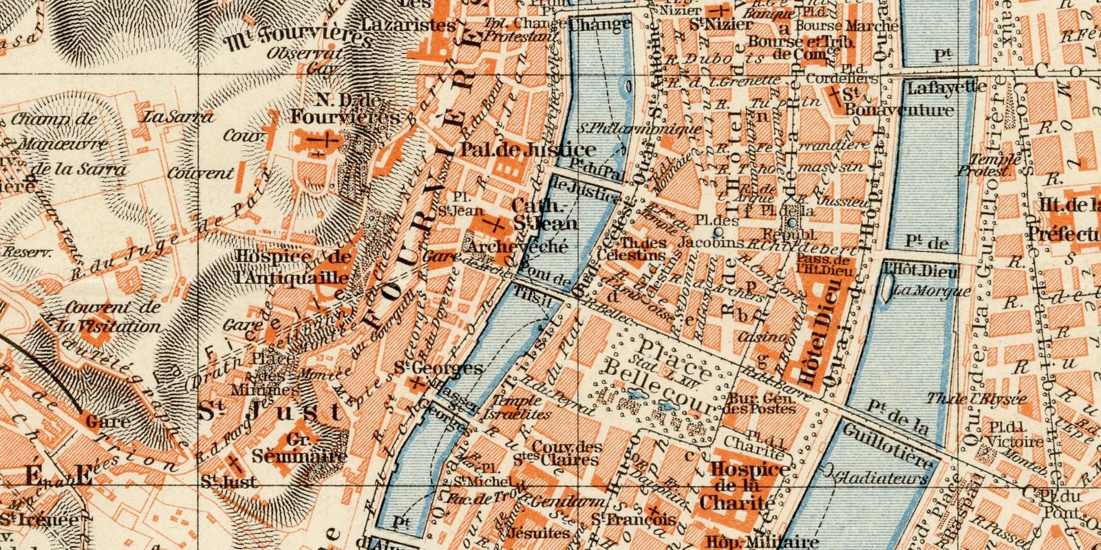 Lyon ca 1898 historischer Stadtplan Lithographie
