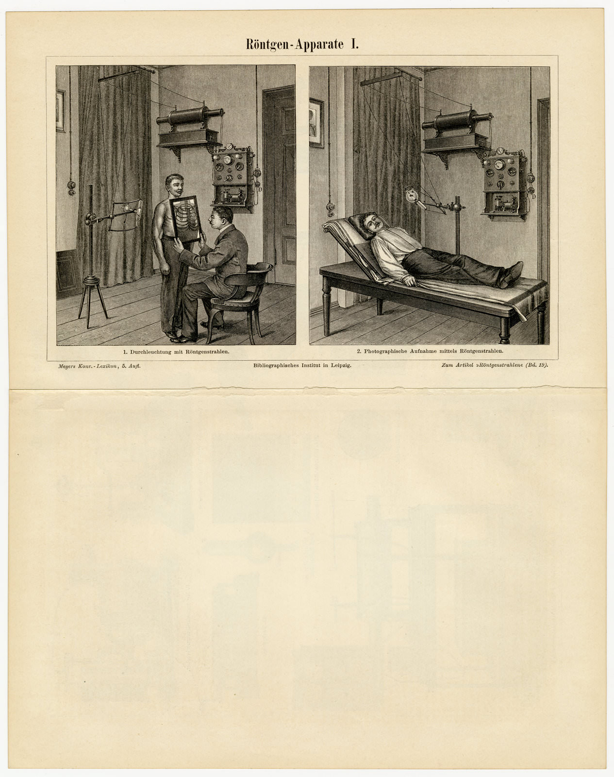 Röntgen Apparate I - II ca 1899 historische Bildtafel Holzstich