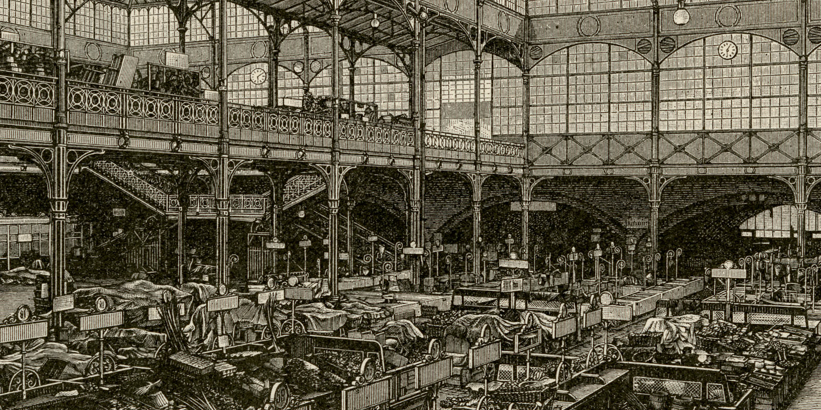 Markthallen I - II ca 1896 historische Bildtafel Holzstich
