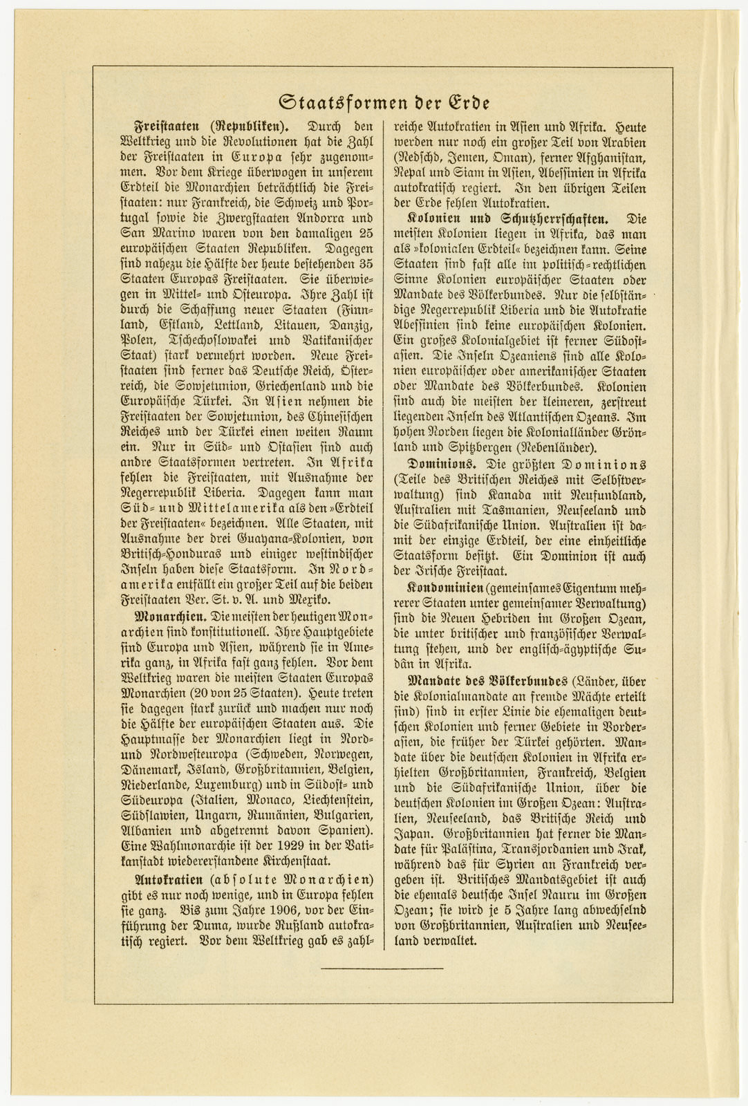 Staatsformen der Erde ca 1929 historische Karte Lithographie