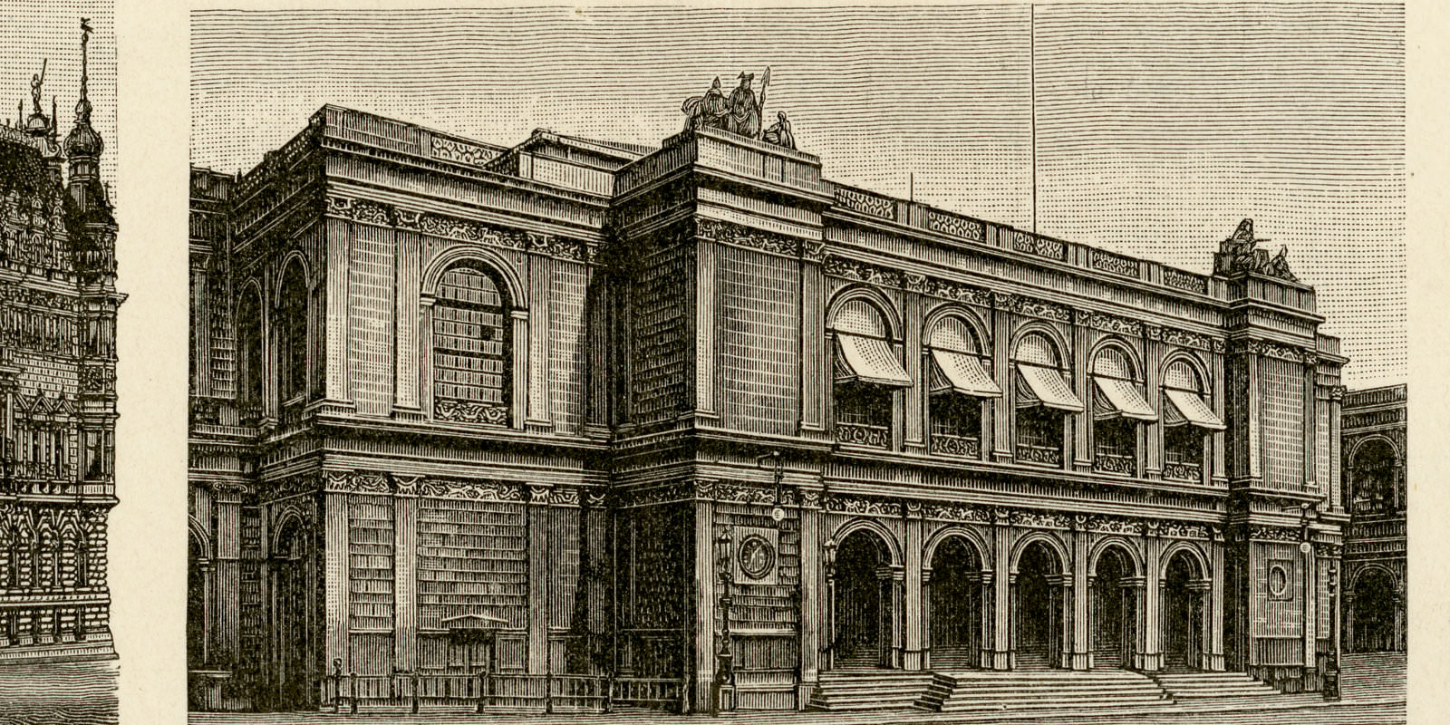 Hamburger Bauten ca 1895 historische Bildtafel Holzstich