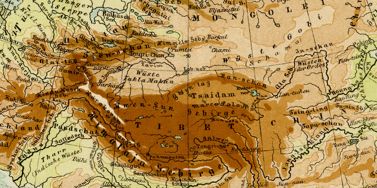 Asien Fluß- und Gebirge ca 1899 historische Karte Lithographie