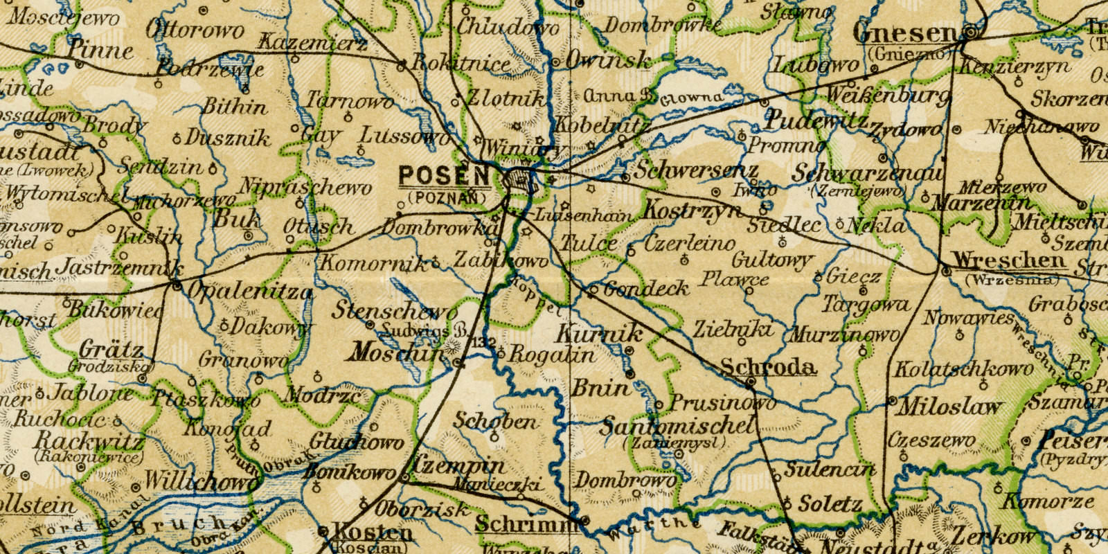 Posen ca 1898 historische Karte Lithographie