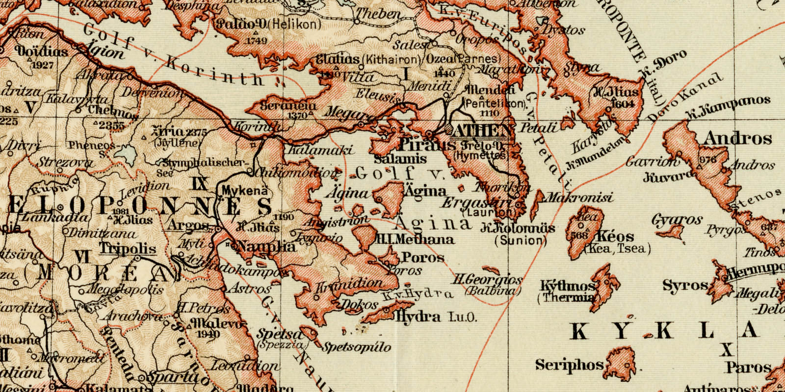 Griechenland ca 1893 historische Karte Lithographie