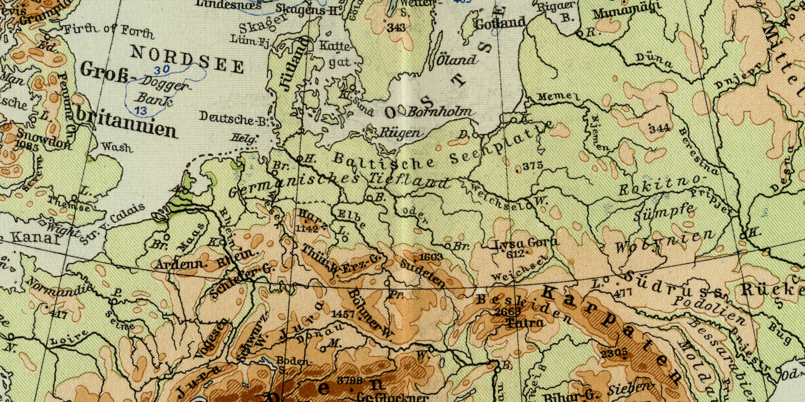 Europa Fluss- und Gebirgskarte ca 1926 historische Karte Lithographie