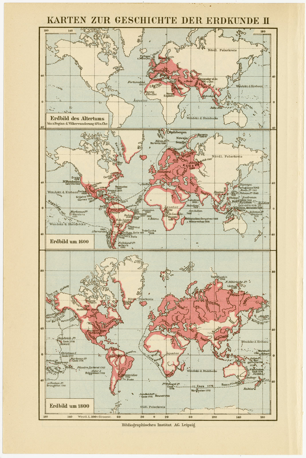 Geschichte der Erdkunde I - II ca 1933 historische Karte Lithographie