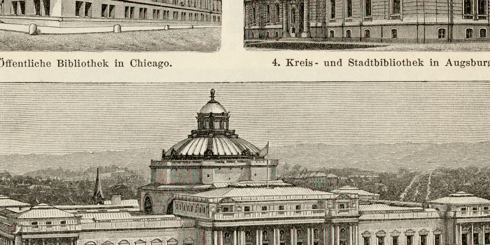 Bibliotheksgebäude I - II ca 1900 historische Bildtafel Holzstich
