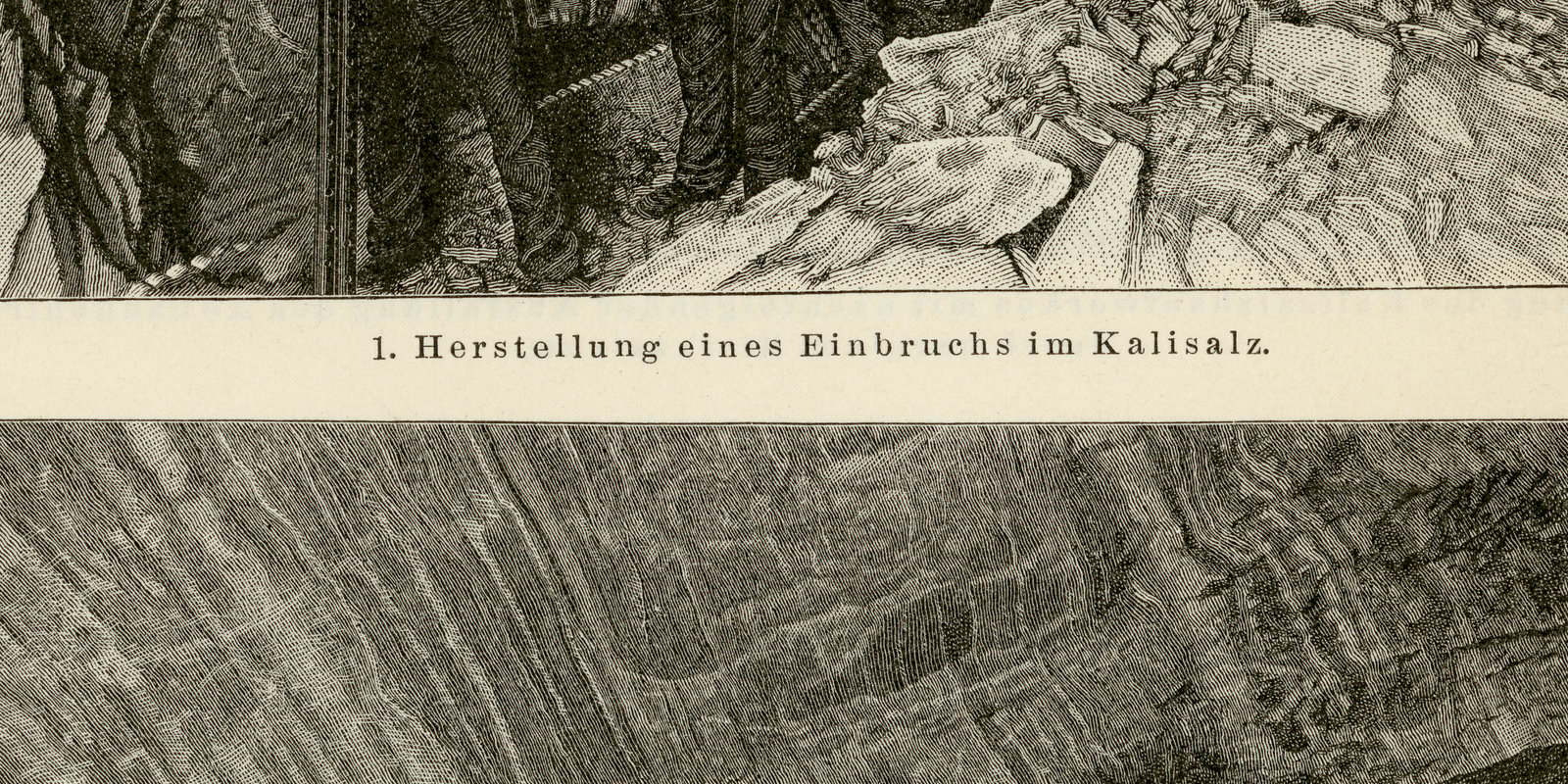 Kalisalzbergbau I - II ca 1898 historische Bildtafel Holzstich