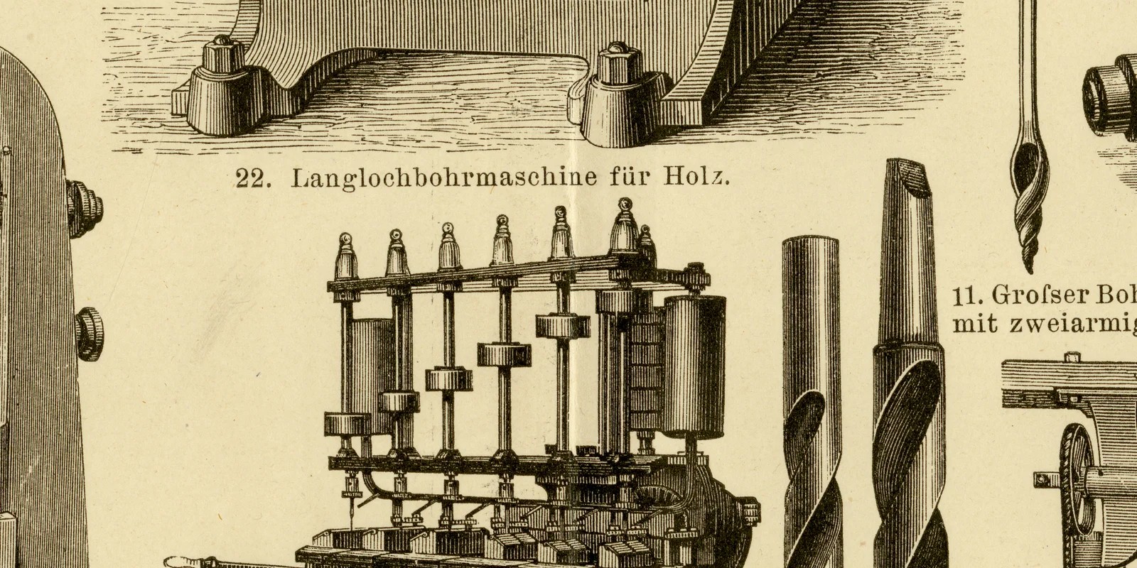 Bohrmaschinen ca 1882 historische Grafik Holzstich