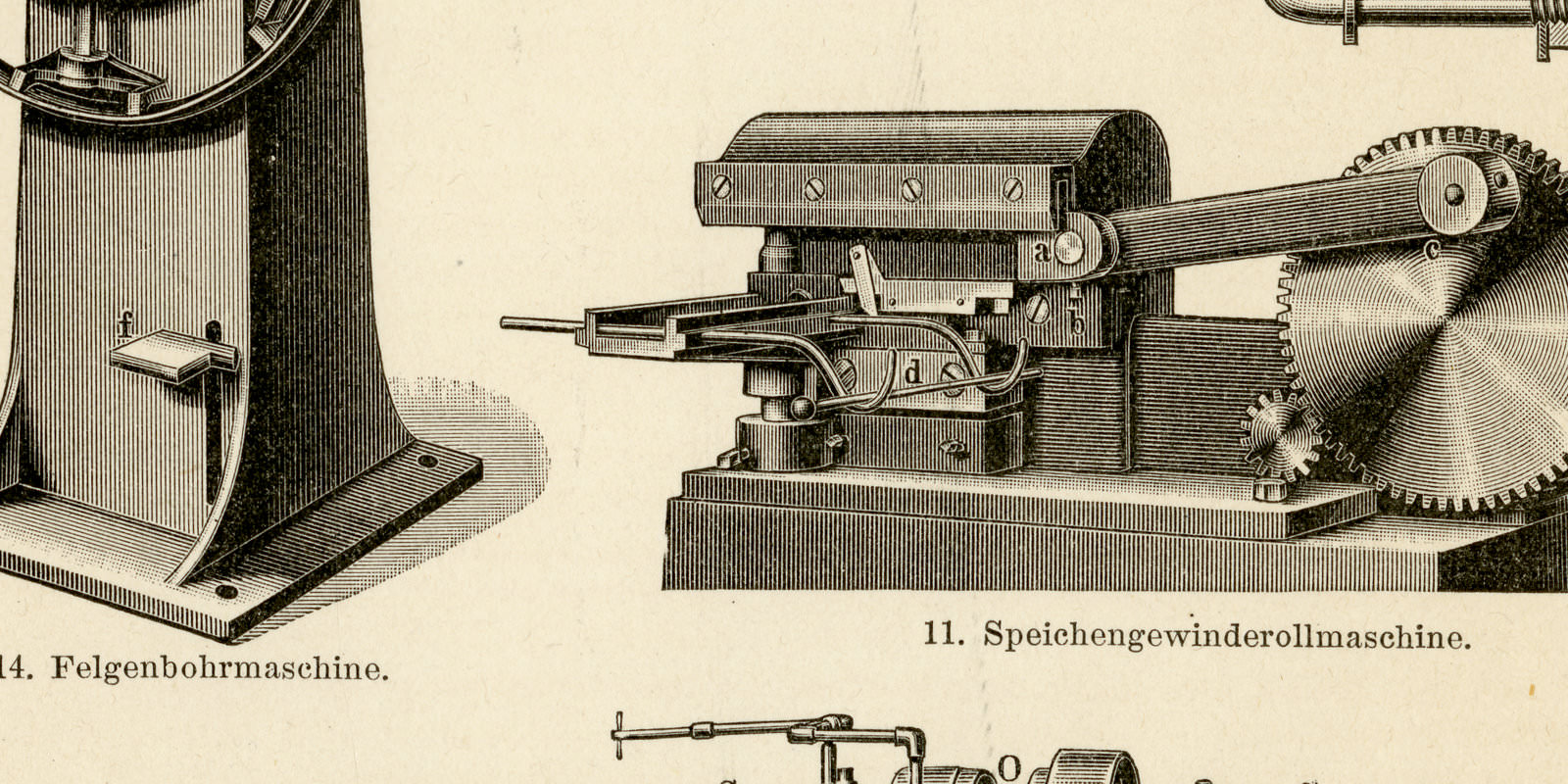 Fahrradbaumaschinen ca 1899 historische Bildtafel Holzstich