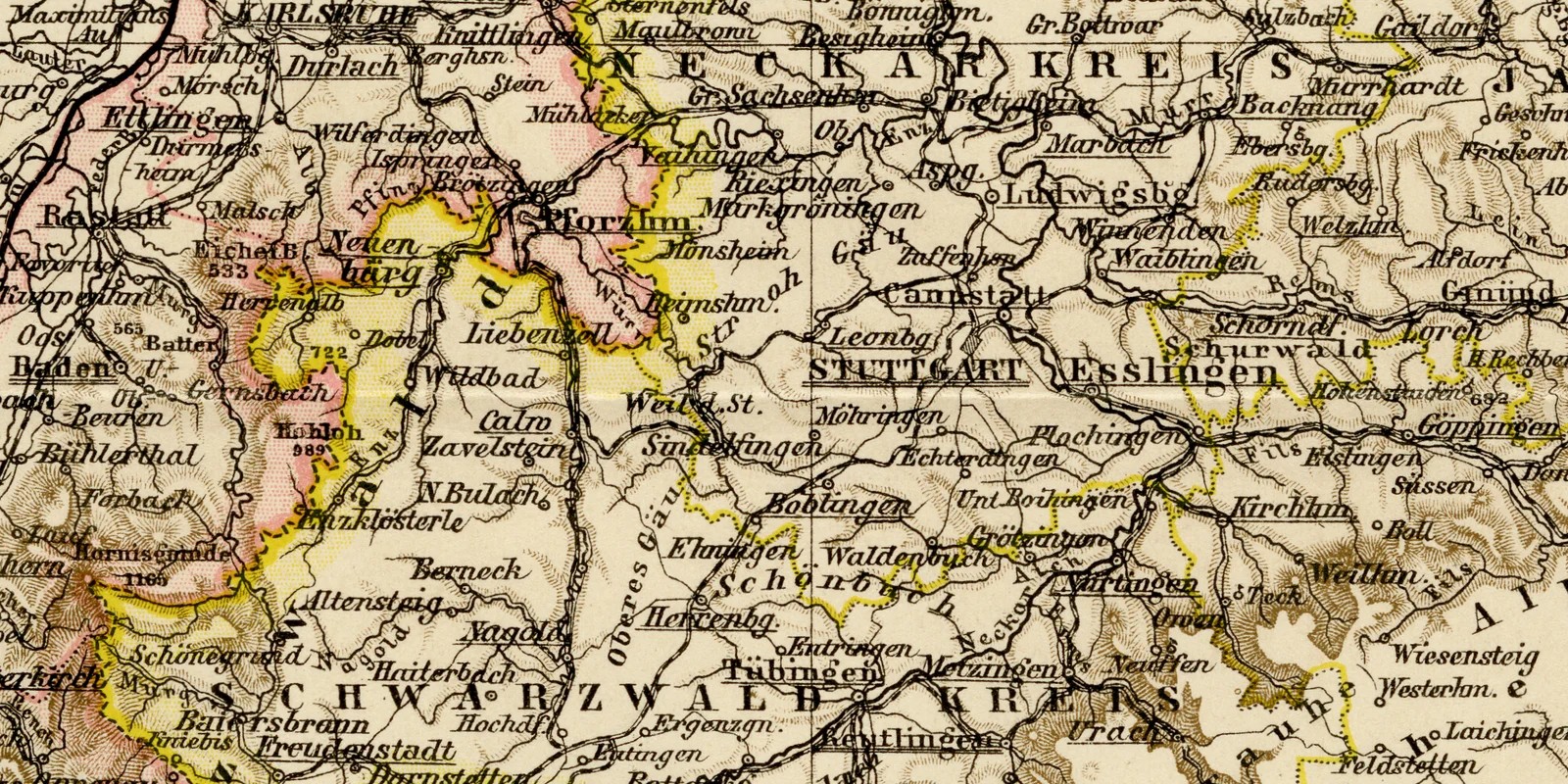 Württemberg Baden Hohenzollern ca 1886 historische Karte Lithographie