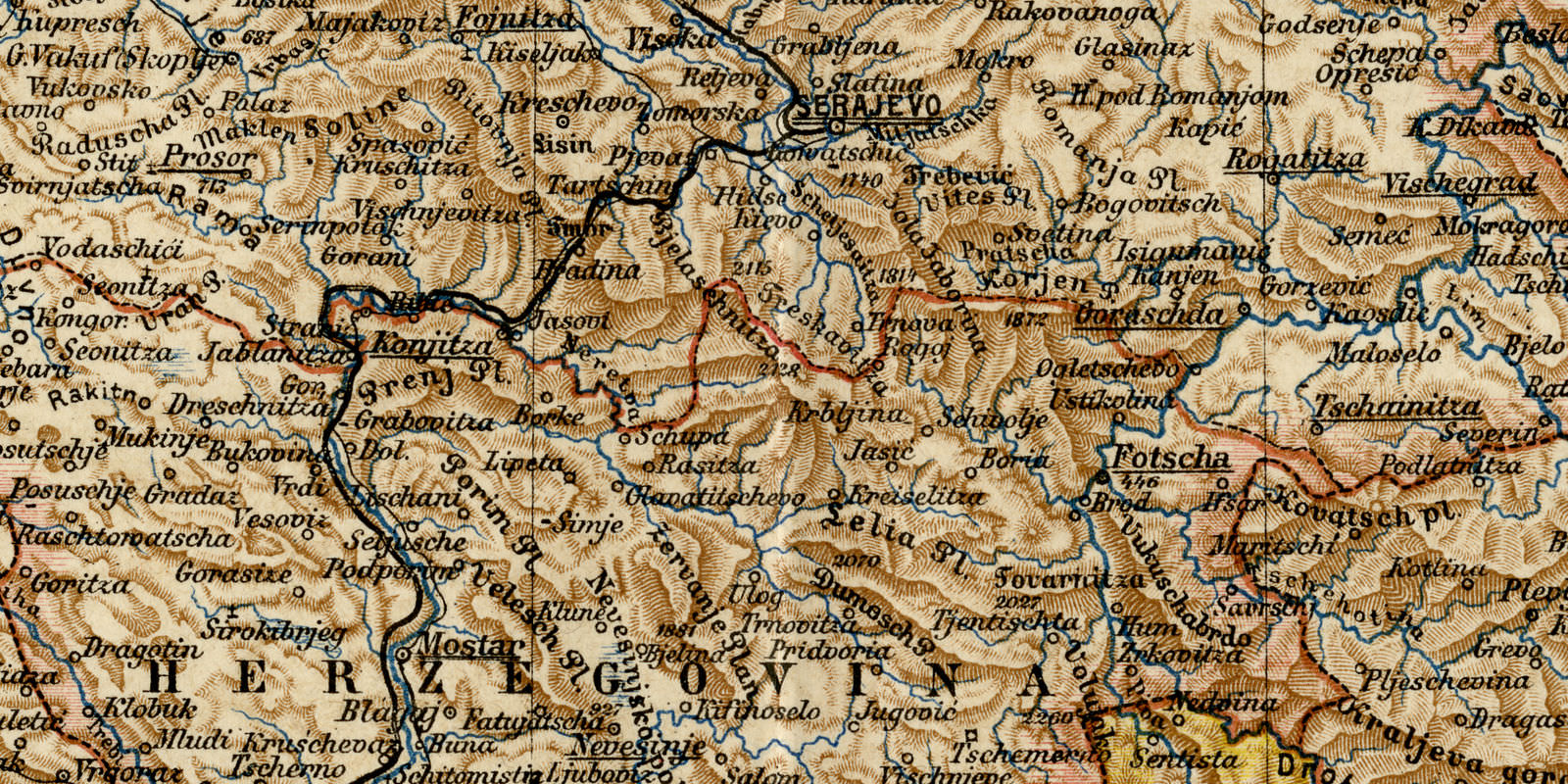 Bosnien und Montenegro historische Karte ca 1891 Lithographie