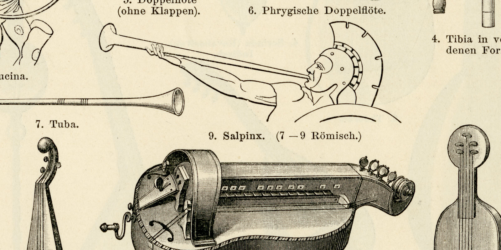 Musikinstrumente I - II ca 1900 historische Bildtafel Holzstich