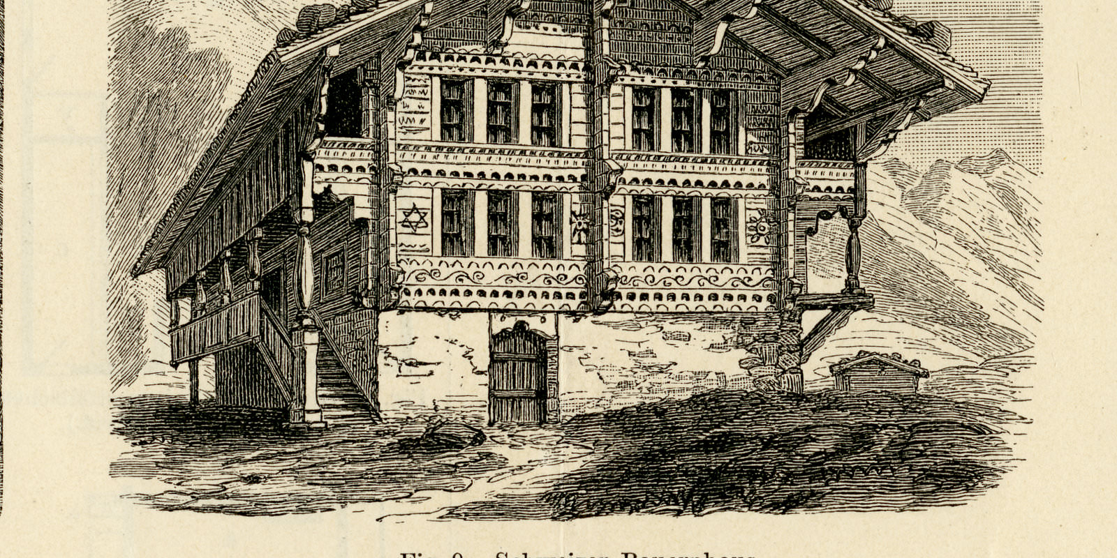 Bauernhaus I - II ca 1893 historische Bildtafel Holzstich