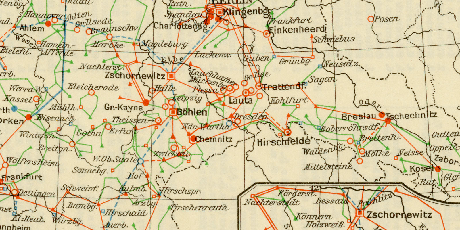 Deutsches Reich Kraftwerke und Fernleitungen ca 1930 historische Karte Lithographie