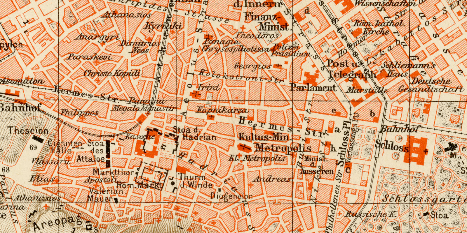 Athen ca 1893 historischer Stadtplan Lithographie