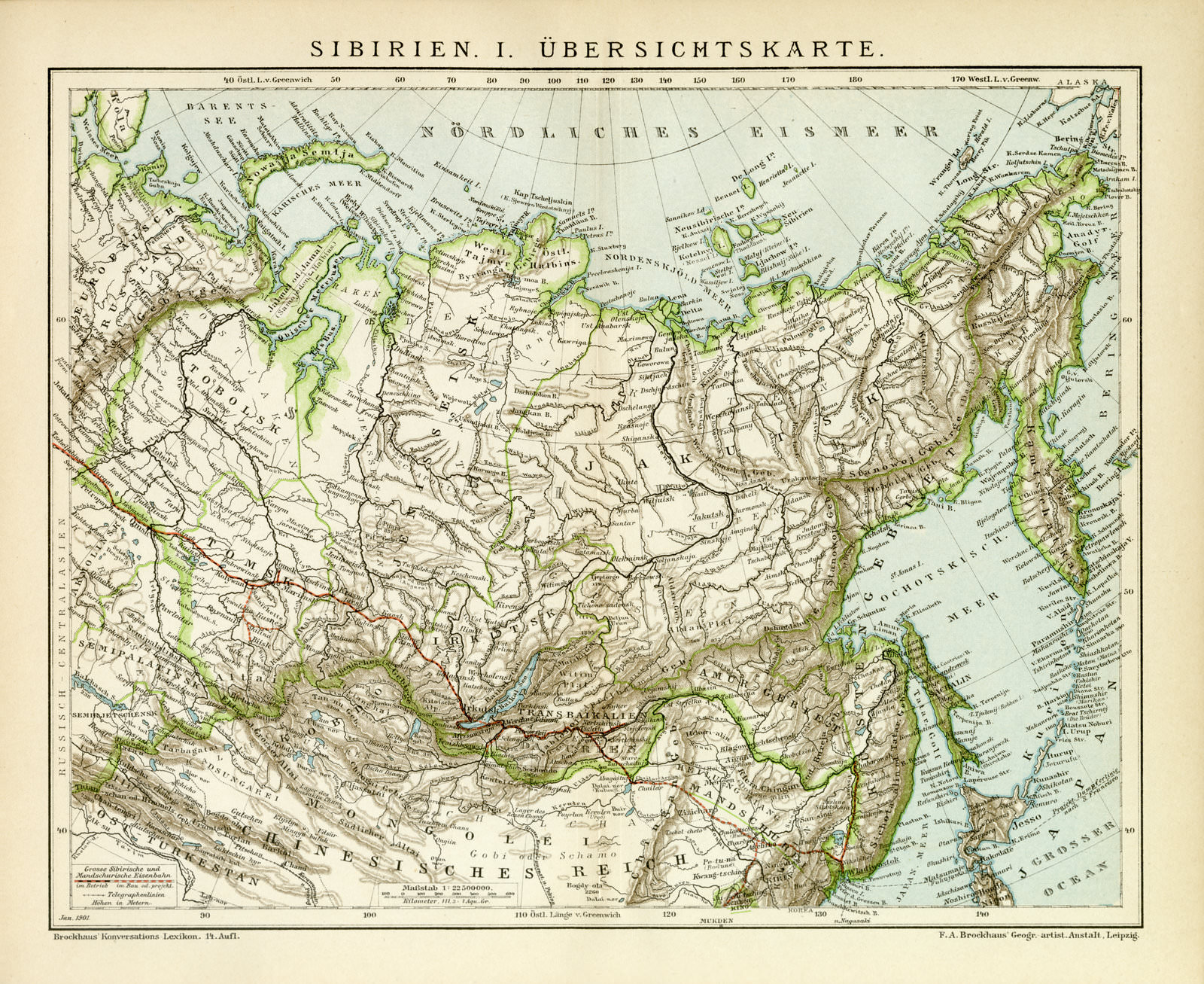 Sibirien I Übersichtskarte historische Landkarte Lithographie ca 1901