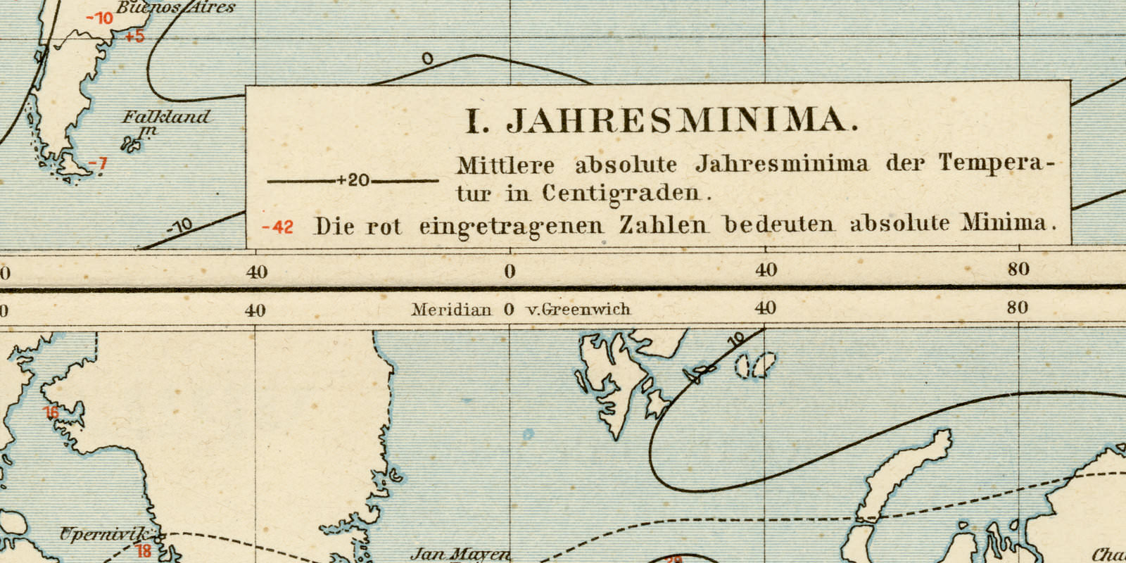 Karte der Wärmeextreme ca 1898 historische Karte Lithographie