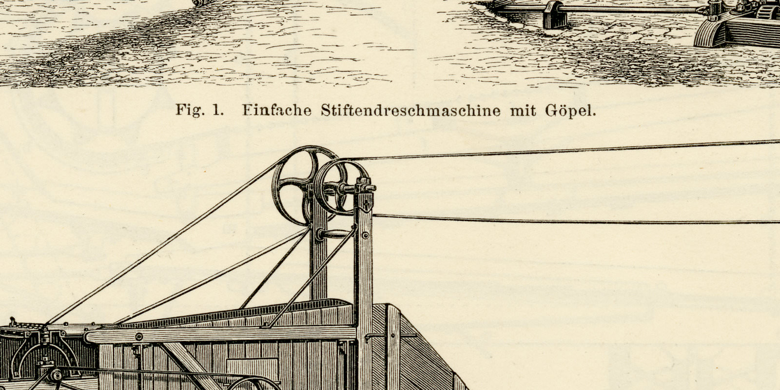 Dreschmaschinen I - II ca 1893 historische Bildtafel Holzstich