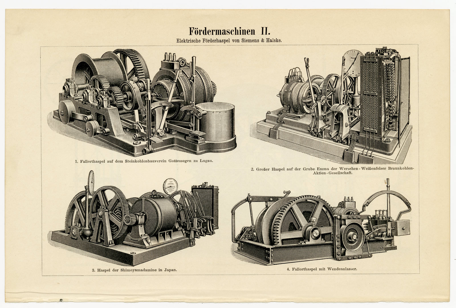 Fördermaschinen I - II ca 1901 historische Bildtafel Holzstich