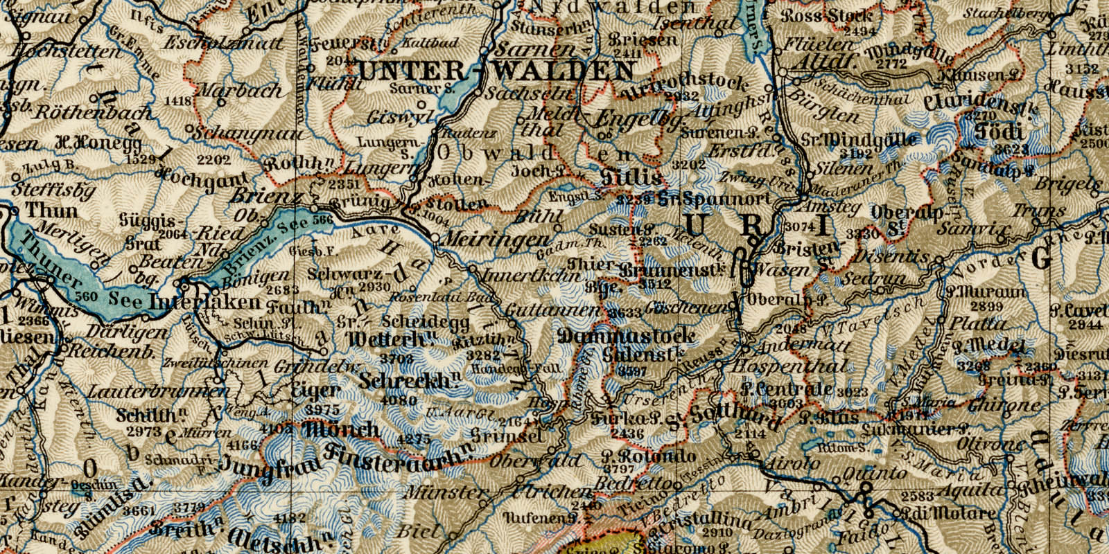 Schweiz ca 1899 historische Karte Lithographie