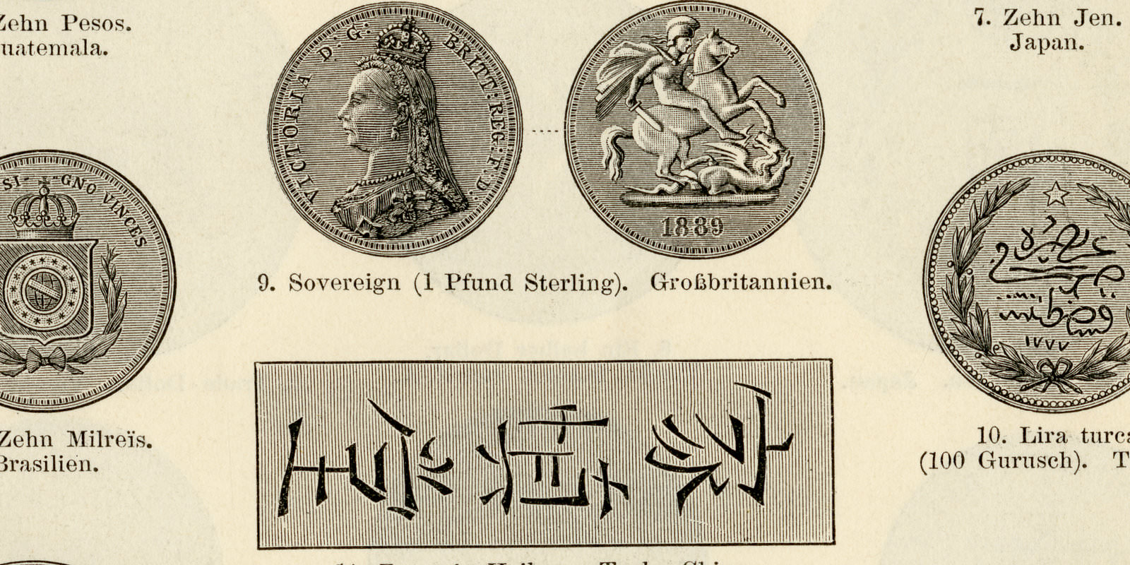 Münzen III Goldmünzen - IV Silbermünzen ca 1896 historische Bildtafel Holzstich