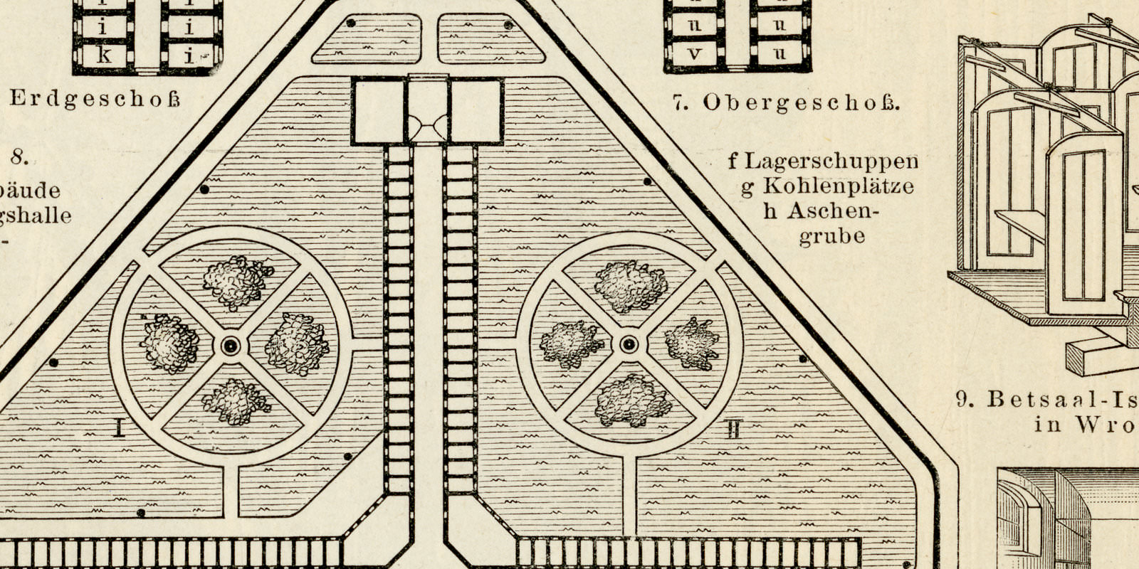 Gefängnisbauten I - II ca 1898 historische Bildtafel Holzstich