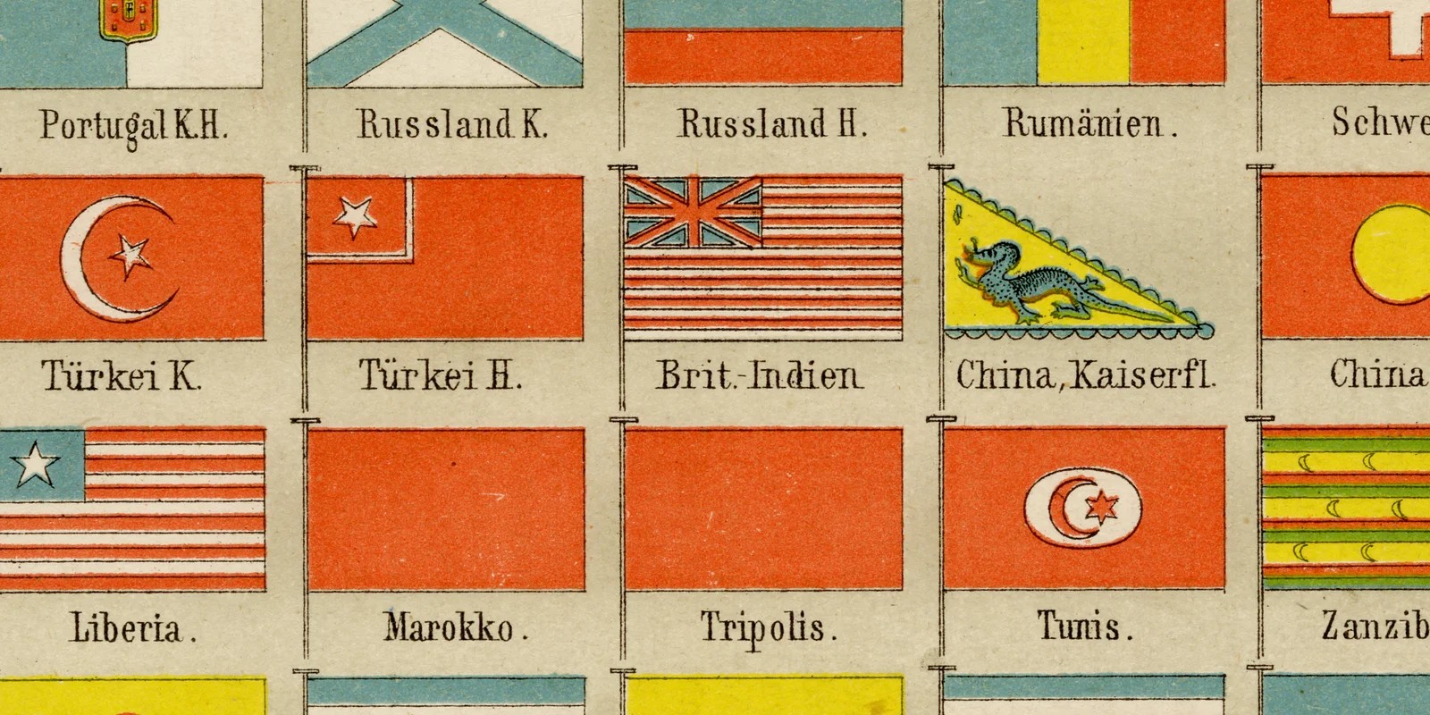 Flaggen ca 1883 historische Bildtafel Lithographie