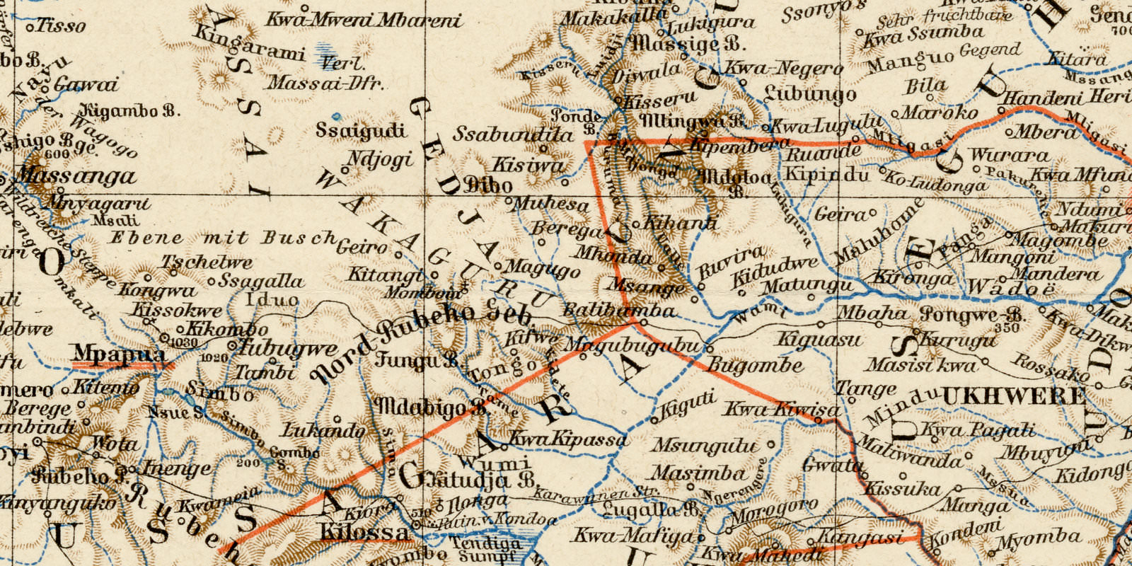 Deutsch Ostafrika Östliche Hälfte ca 1901 historische Karte Lithographie