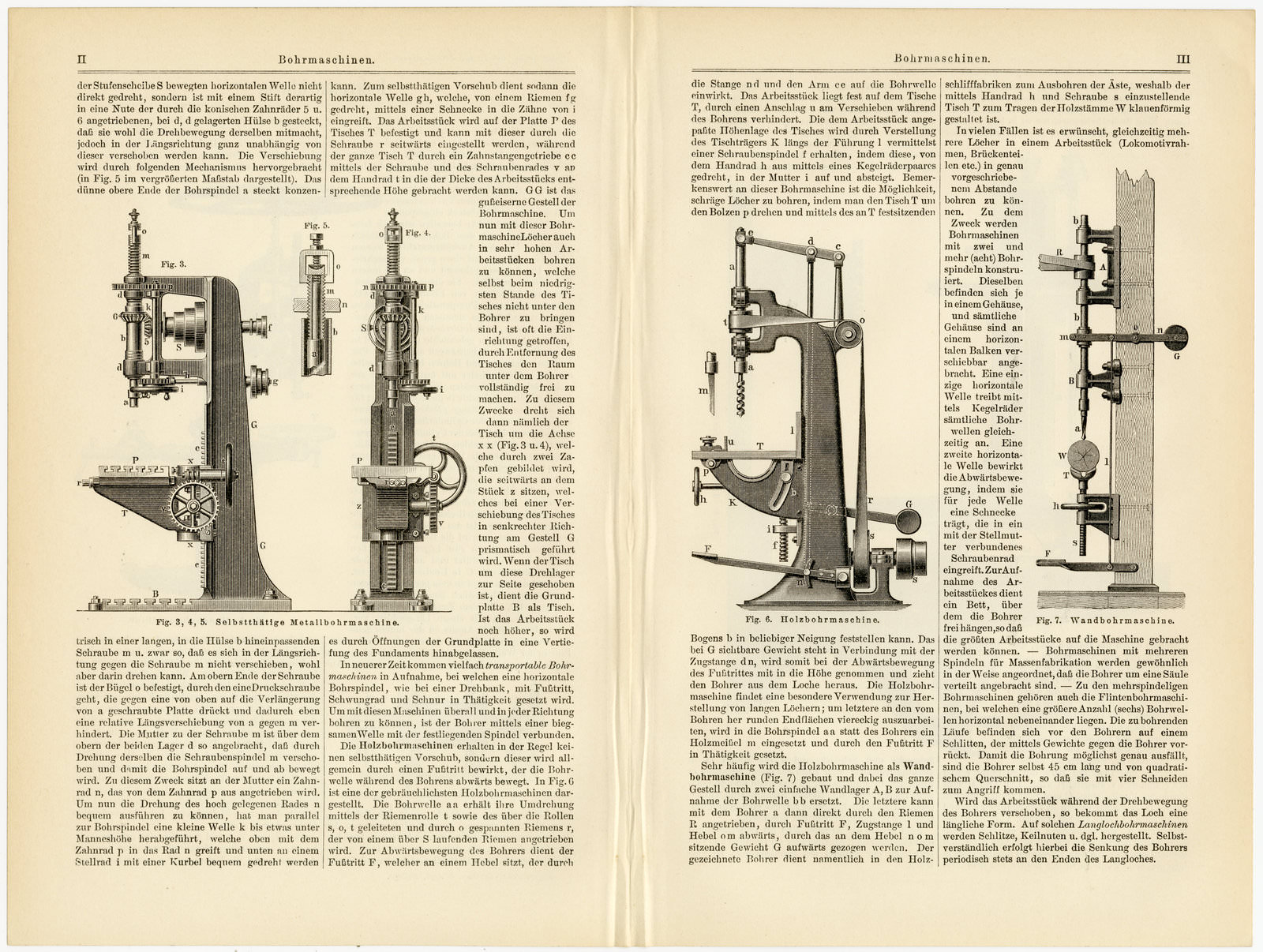 Bohrmaschinen ca 1893 historische Bildtafel Holzstich