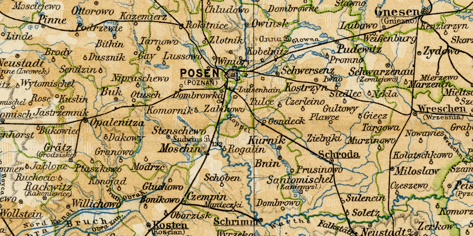 Posen ca 1893 historische Karte Lithographie