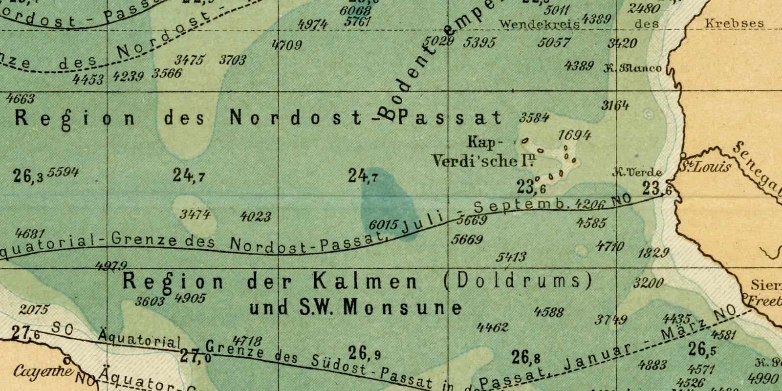 Atlantischer Ozean Tiefenverhältnisse ca 1901 historische Karte Lithographie