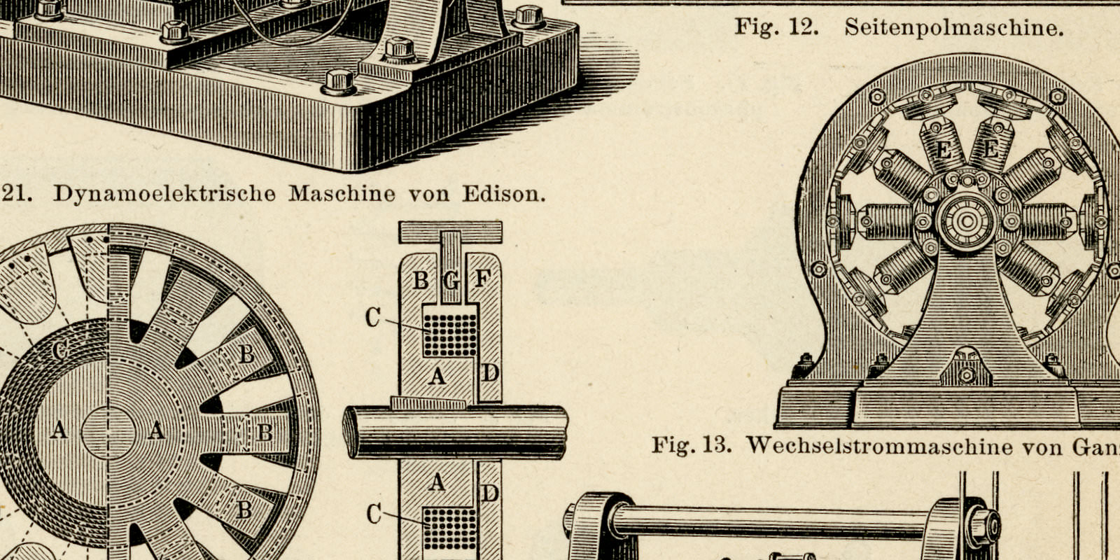 Elektrische Maschinen IV - V ca 1893 historische Bildtafel Holzstich