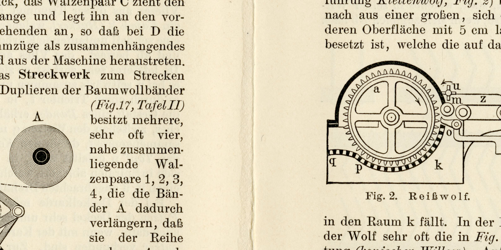 Spinnereimaschinen I ca 1897 historische Bildtafel Holzstich