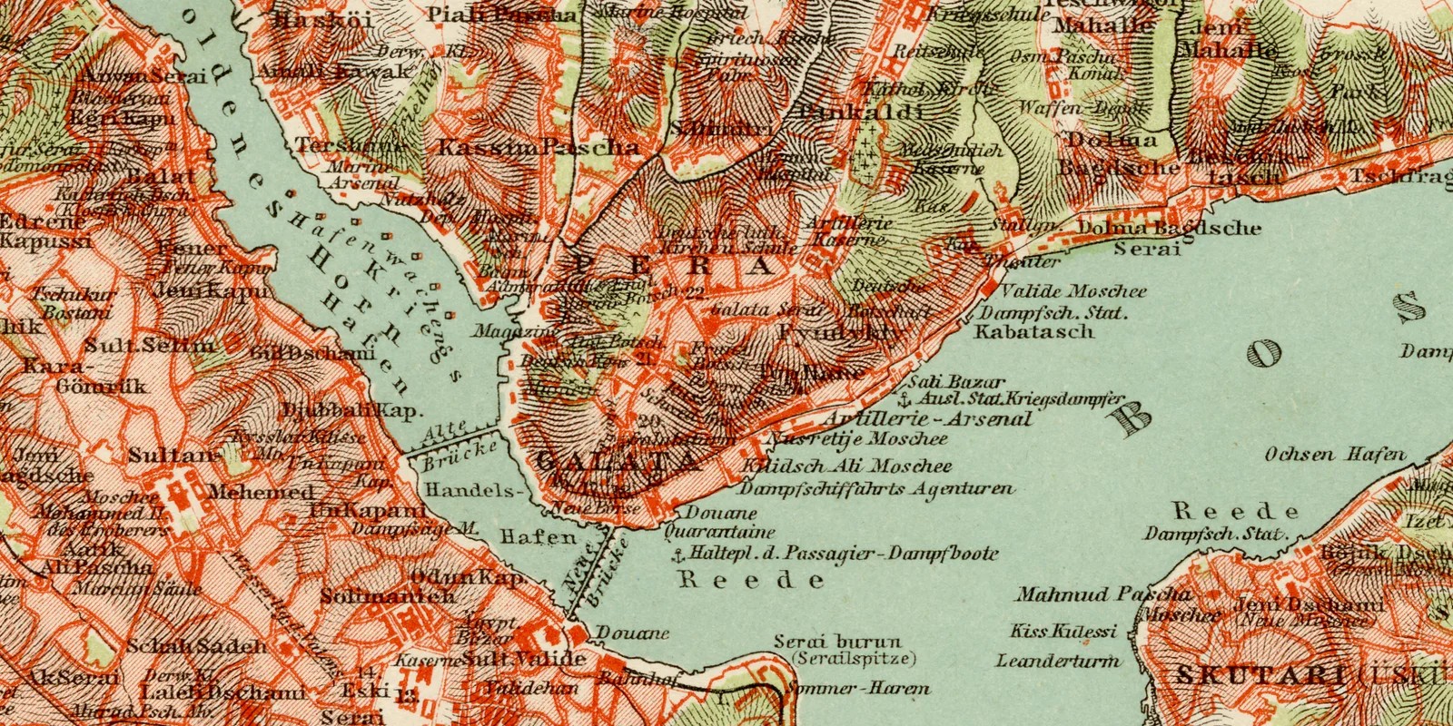 Konstantinopel ca 1885 Stadtplan historische Karte Lithographie