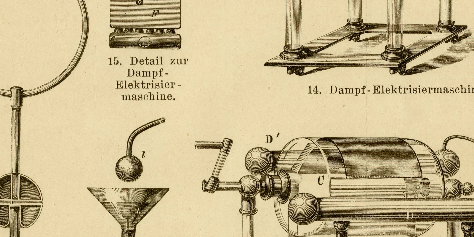 Elektrische Entladung und Elektrisiermaschinen ca 1883 historische Grafik Holzstich