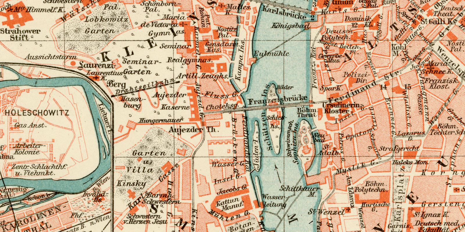 Prag ca 1896 historischer Stadtplan Lithographie