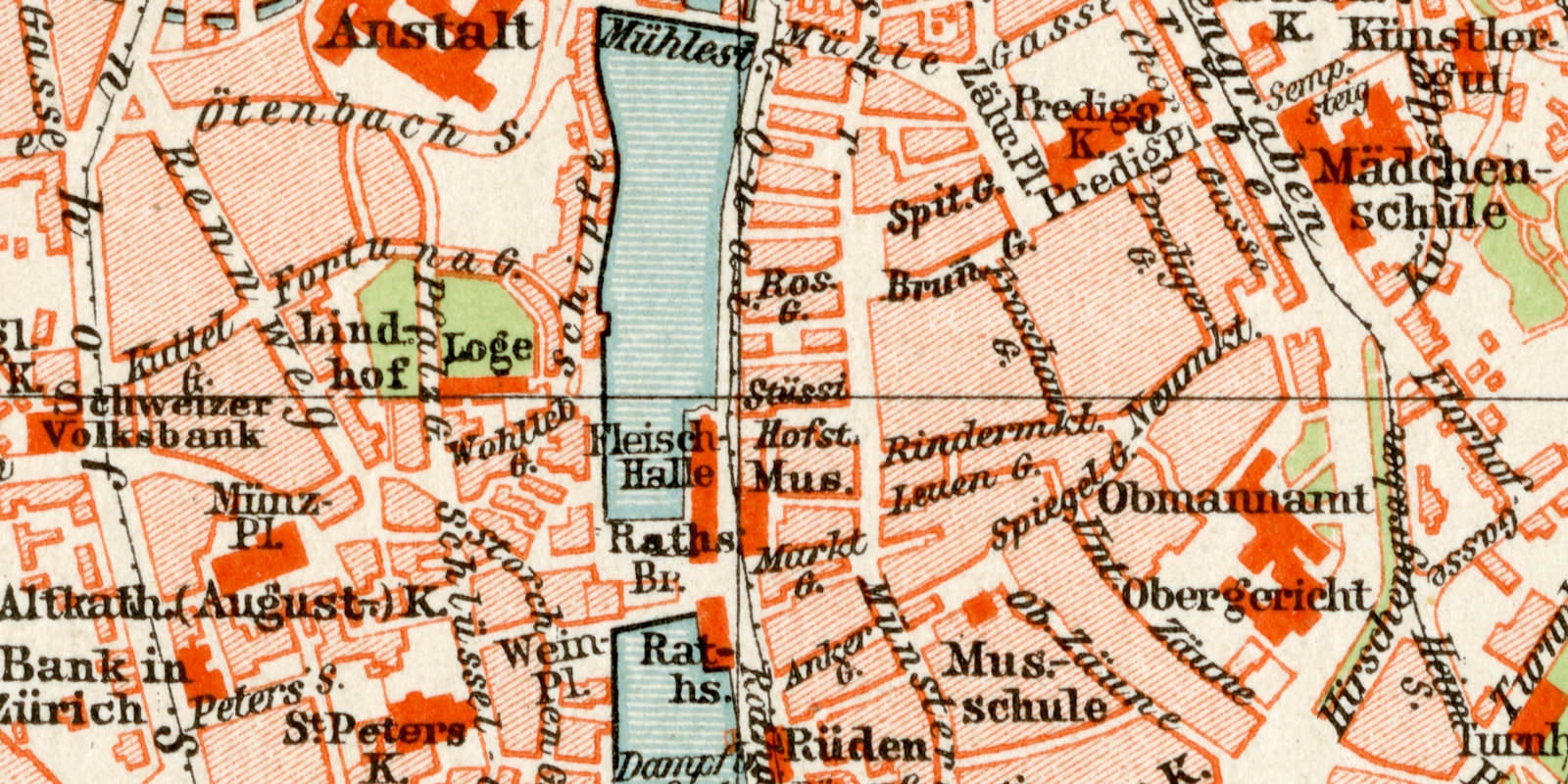 Zürich historischer Stadtplan Karte Lithographie ca 1900