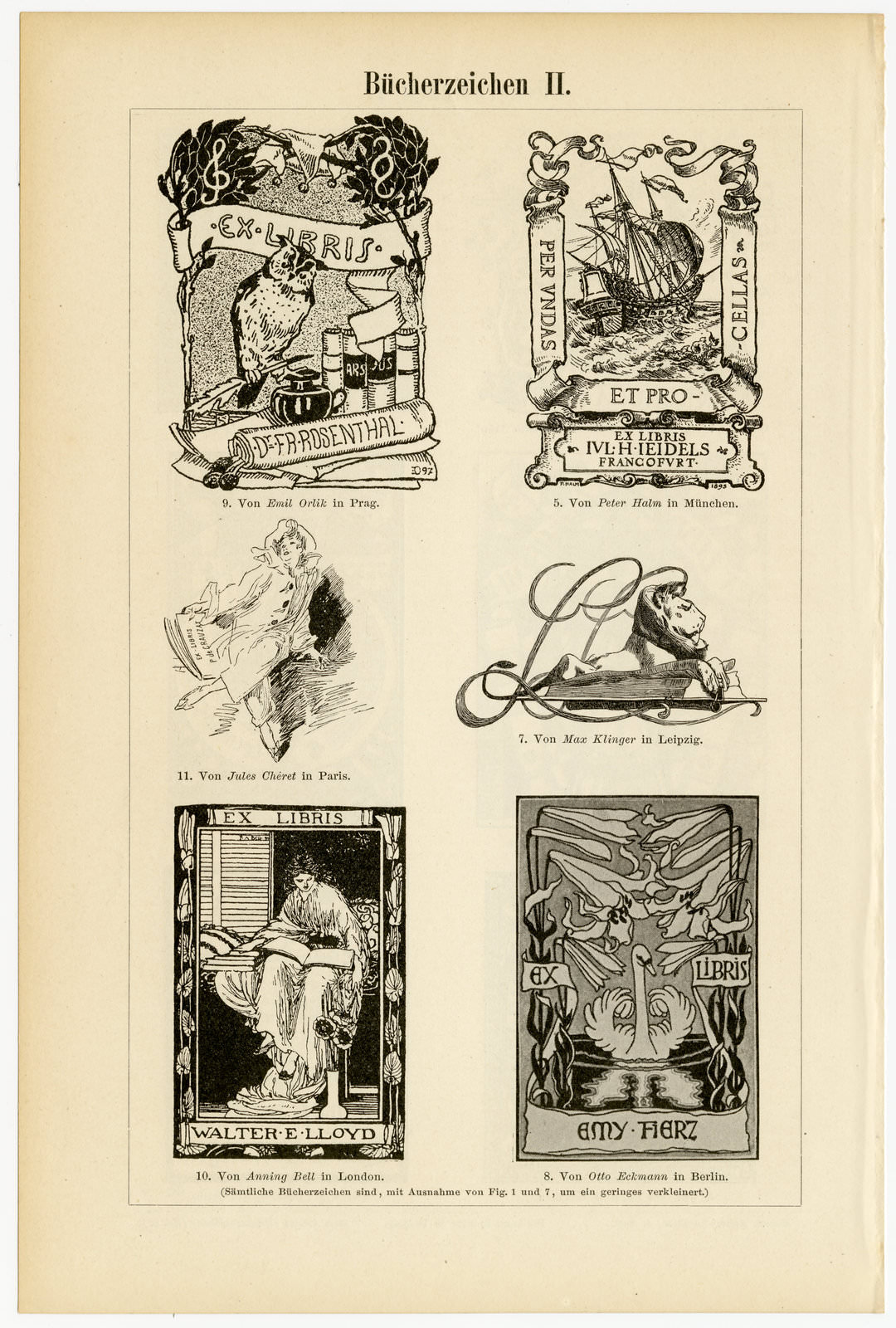 Bücherzeichen I - II ca 1900 historische Bildtafel Holzstich