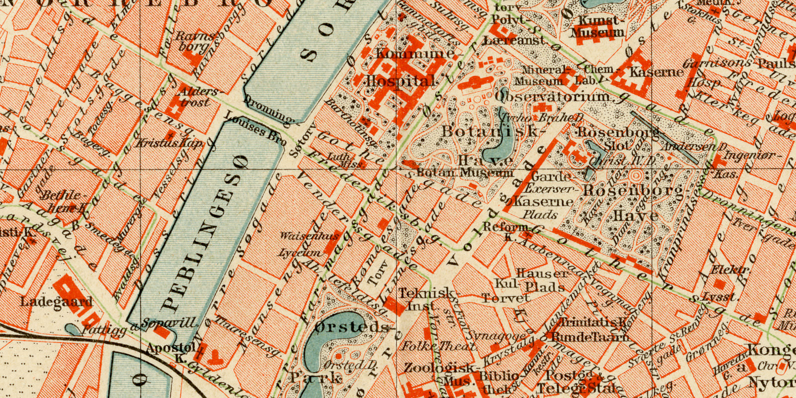 Kopenhagen ca 1898 historischer Stadtplan Lithographie