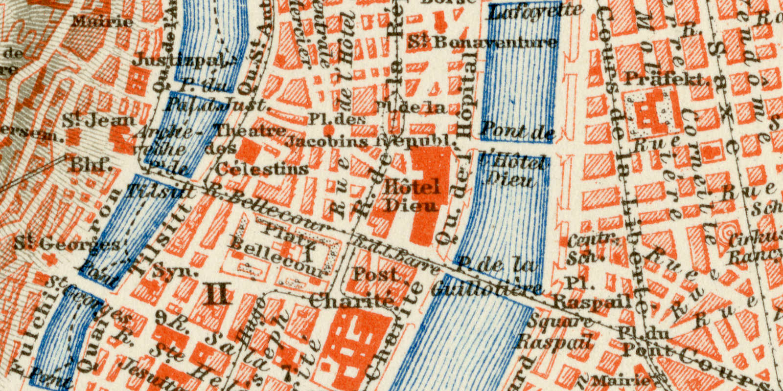 Lyon historischer Stadtplan Karte Lithographie ca 1892