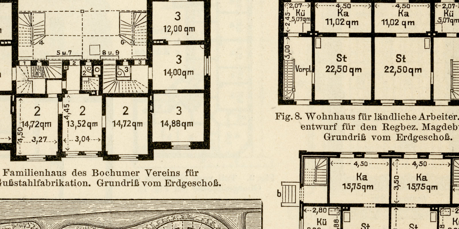 Arbeiterwohnungen I - II ca 1893 historische Bildtafel Holzstich