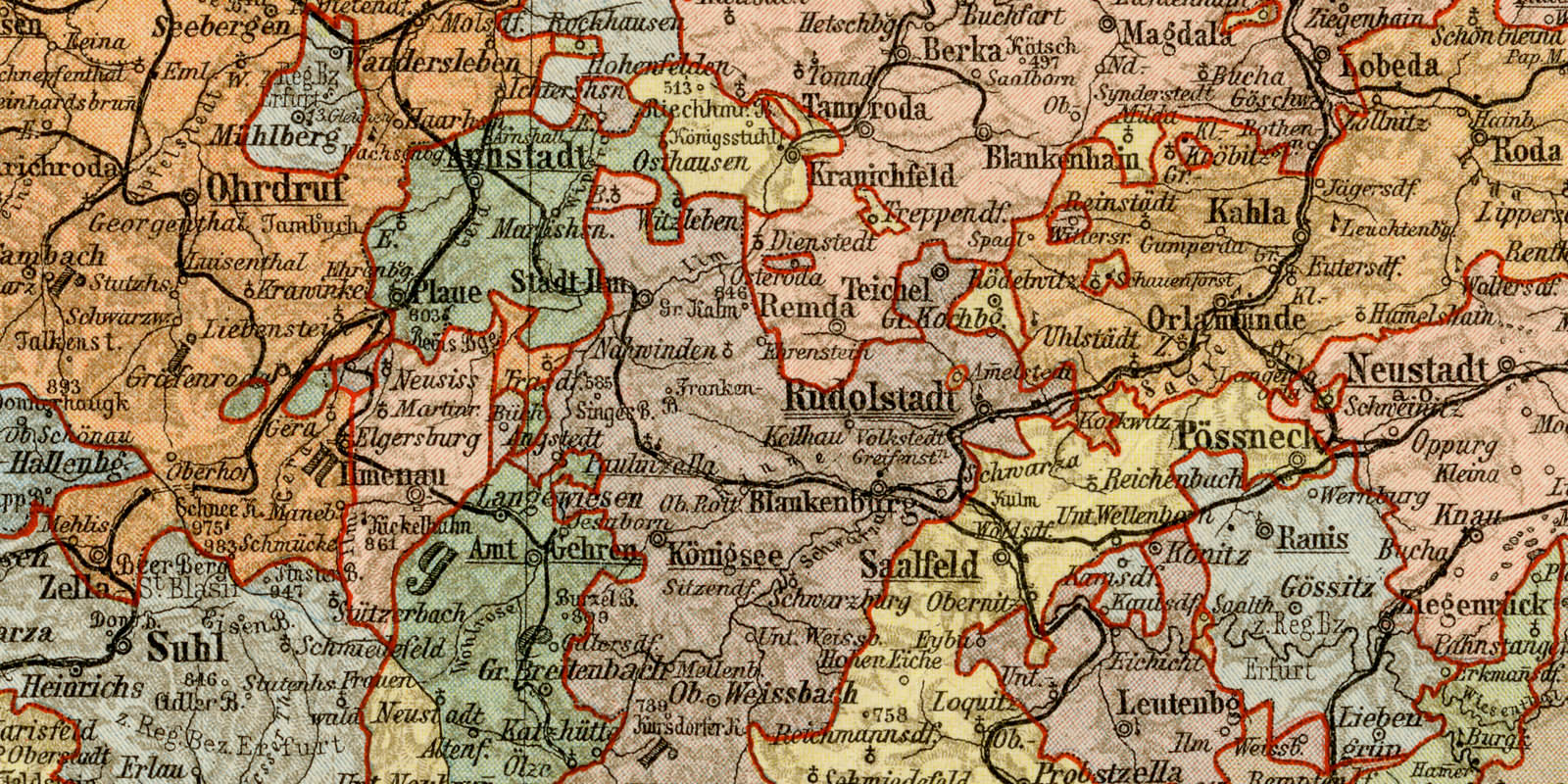 Sächsische Herzogtümer Fürstentümer Schwarzburg Reuss Landkarte ca 1898 historische Karte Lithographie