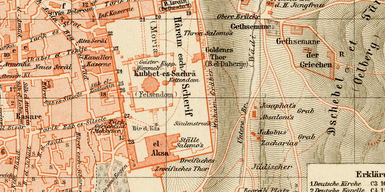 Jerusalem ca 1894 historischer Stadtplan Lithographie