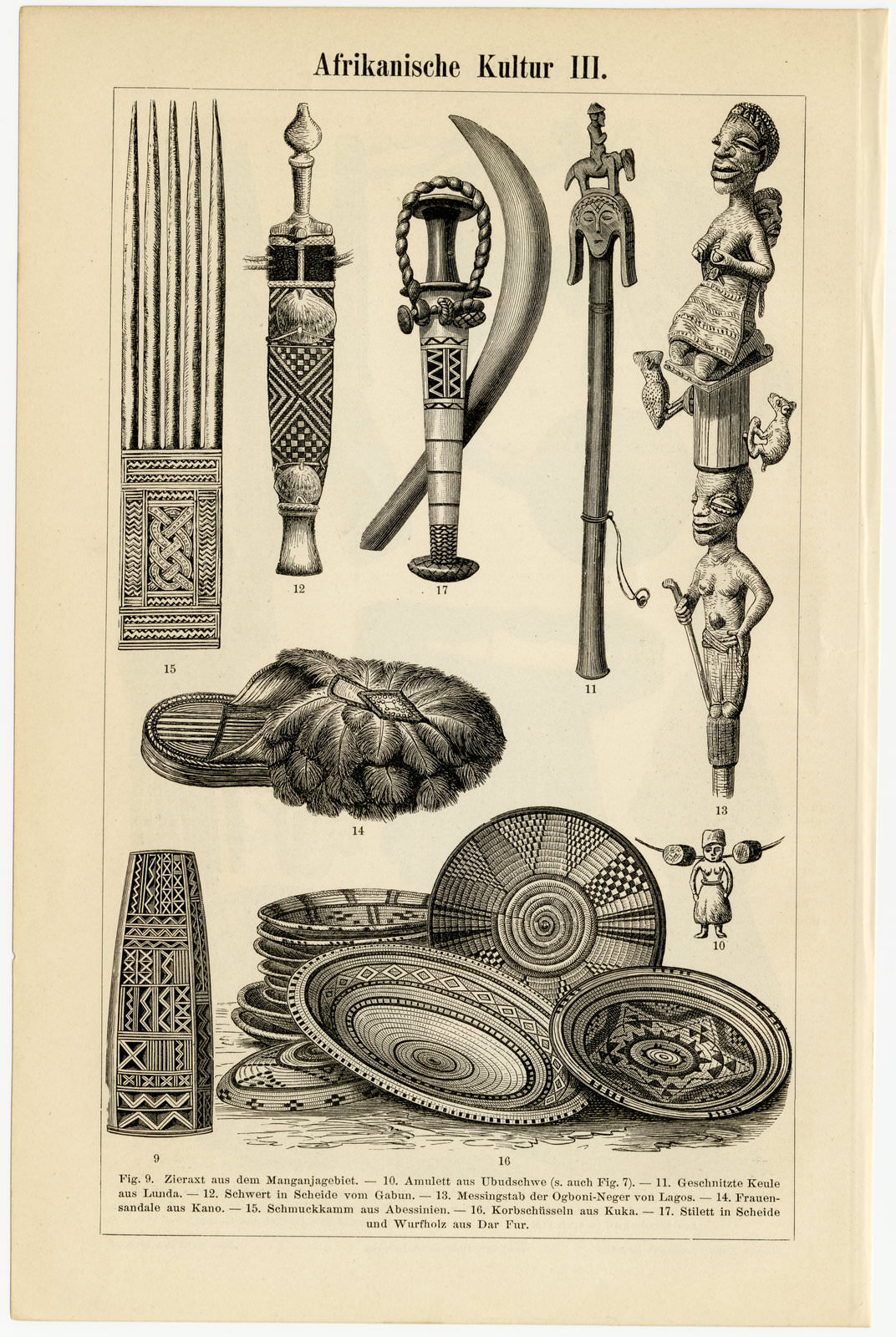 Afrikanische Kultur II - III ca 1893 historische Bildtafel Holzstich