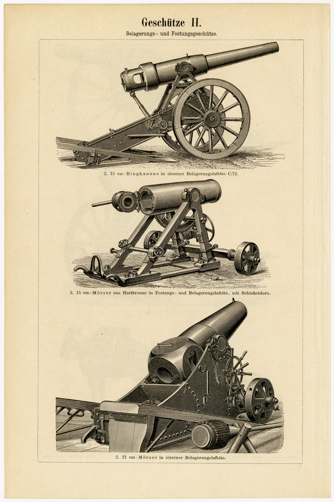 Geschütze I - II ca 1894 historische Bildtafel Holzstich