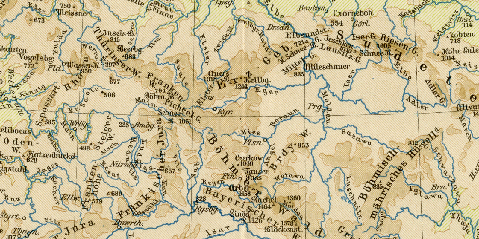 Fluss- und Gebirgskarte von Mitteleuropa ca 1899 historische Karte Lithographie