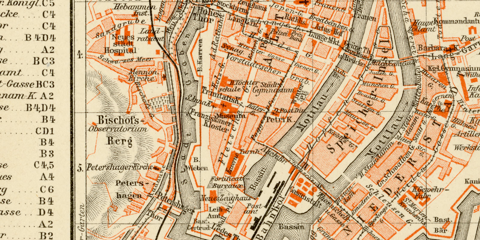 Danzig ca 1893 historischer Stadtplan Lithographie